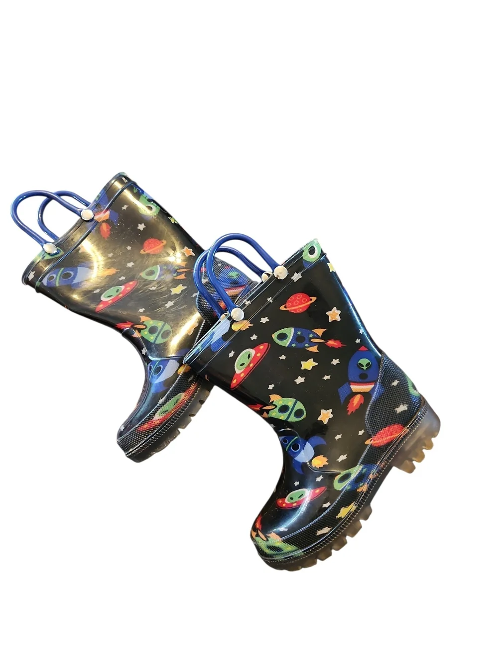 Kids' Space Rocket Rain Boots in Black with Colorful Rockets Size 8c Lights